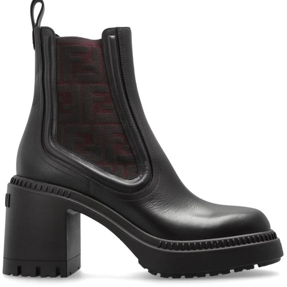 Fendi Black Leather Chelsea Combat Boots with Dark Red FF Panel
